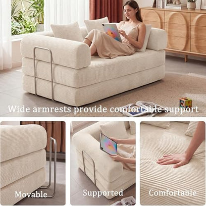 Futon Sofa Bed Modular Loveseat Sleeper Folding Pull Out Couch with Pillows, No Assembly Required Couch for Living Room Bedroom Guest Room (Beige, 53.15" Loveseat Sofa)