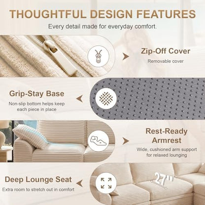 142" Upgraded Couch with Storage, Modular Sectional Couches for Living Room, Oversized Deep Seat 6-Seat U Shaped Cloud Sofa with Ottoman & Pillows,Corduroy,No Assembly(Beige)