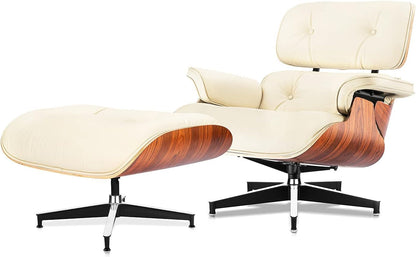 Top Cream White Grain Leather, Mid Century Chaise Lounge Chair and Ottoman, Modern Chair Classic Design, Palisander Wood, Heavy Duty Base Support for Living Room Office