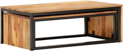 Nesting Tables 2 pcs Solid Acacia Wood | Powder Coated Steel Frame, Stackable Design, Easy Assembly, Vintage Style for Living Room
