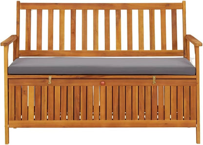 Solid Acacia Wood Patio Storage Bench 47.2 Inch with Seat Cushion, Outdoor Garden Bench with Armrests and Storage Compartment