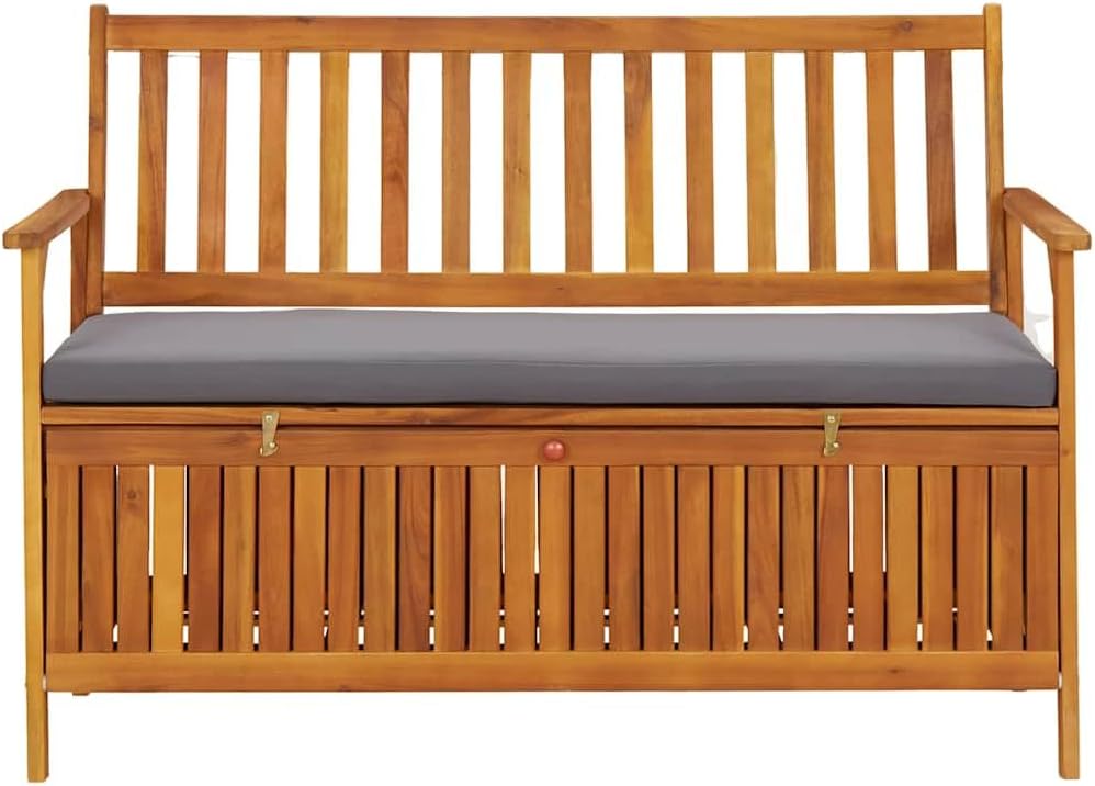 Solid Acacia Wood Patio Storage Bench 47.2 Inch with Seat Cushion, Wooden Outdoor Bench with Large Storage Compartment and Armrests
