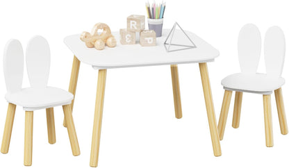 ALEVINE Kids Table and 2 Rabbit Ear Chairs Set, 3-Piece Toddler Wooden Activity Table and Chair Set with Solid Wood Legs, White