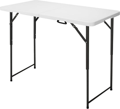 4ft Folding Table, Portable Fold-in-Half Adjustable Height Utility Table for Indoor/Outdoor Use, Durable HDPE & Steel, Stable & Lightweight, Multi-Purpose, White