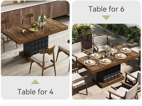 LITTLE TREE 63" Modern Dining Table, Rectangular Dinner Table for 4-6, Farmhouse Kitchen Table, Sturdy Wood Pedestal Base for Kitchen/Dining Room, Rustic Brown & Black