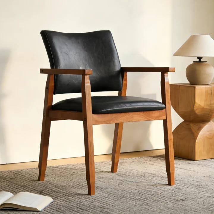 NOBPEINT Mid-Century Modern Dining Chairs with Armrest Set of 1, PU Leather Upholstered Dining Room Chairs with Solid Wood Frame, Walnut Kitchen Armchairs for Kitchen Living Room Restaurant, Black