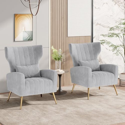 Nalupatio Velvet Accent Chairs Set of 2 Modern High Back Armchair Arm Chair with Lumbar Pillow, High Back Upholstered Single Sofa Chair with Gold Metal Legs for Bedroom,Light Gray