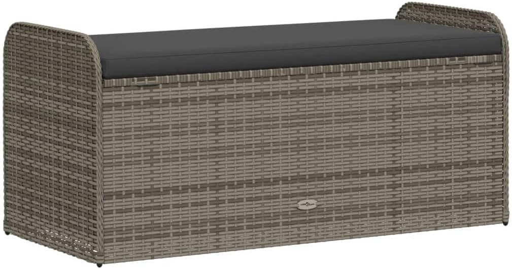 Grey PE Rattan Patio Storage Bench with Cushion, Powder Coated Steel Frame, Hidden Compartment for Garden Organization, Comfortable Seating for Two