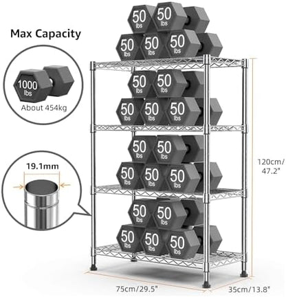 M MZG 1000 lbs Storage Shelving Steel Heavy Duty 4-Tier Utility Shelving Unit Steel Organizer Wire Rack for Home,Kitchen,Office,Chrome (13.7" D x 29.5" W x 47.2" H)