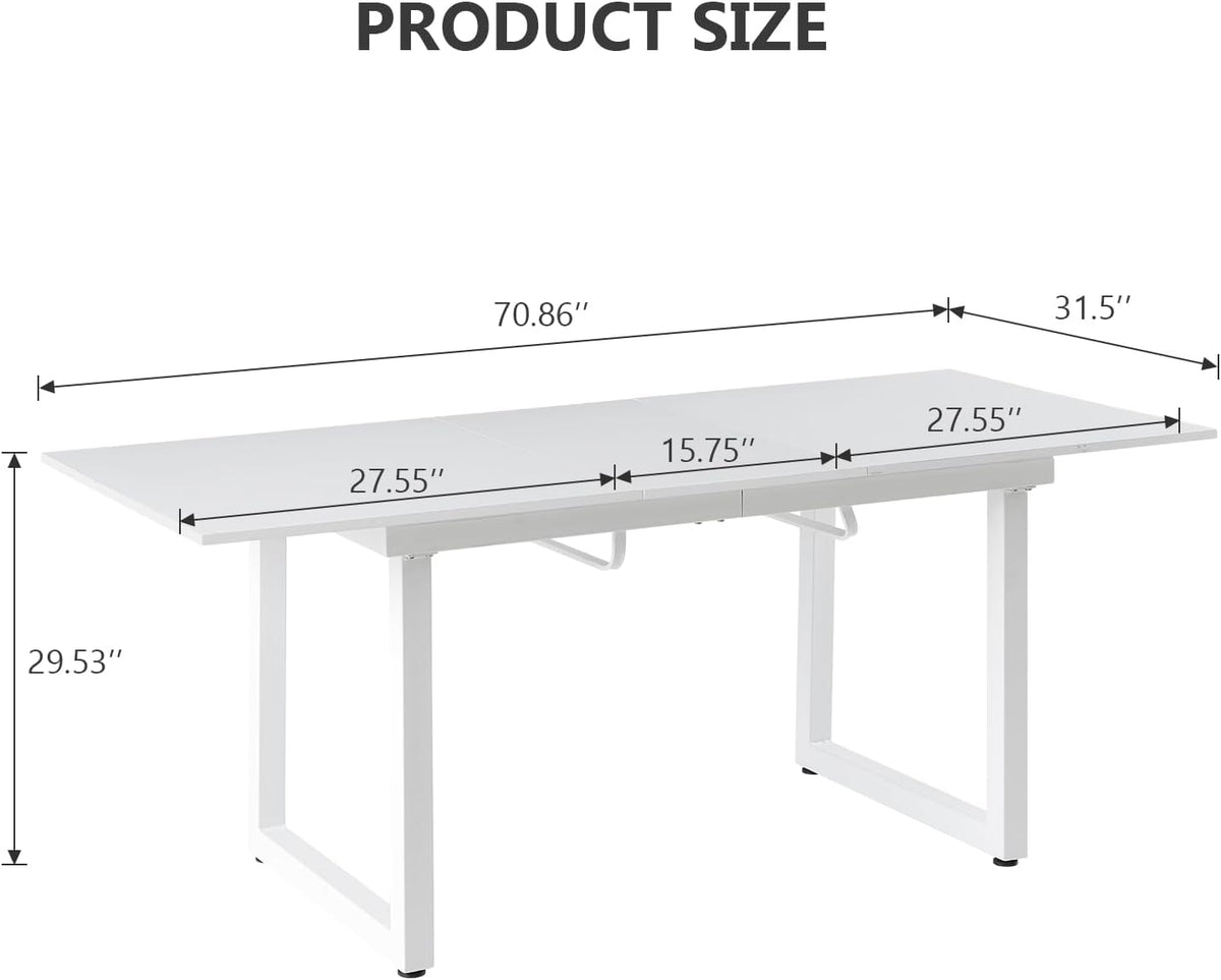 Extendable Dining Table for 4-8 Person, Extendable from 55" to 71", Modern Rectangle Dining Table with MDF Tabletop and Metal Frame, Expanding Kitchen Table for Home, Office (White)