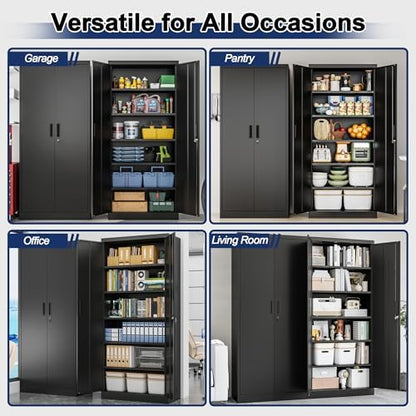 BESFUR Metal Storage Cabinet with 2 Doors and 5 Adjustable Shelves Garage Storage Cabinet with Lock 71" Office Storage Cabinets Locking Cabinets for Garage Office Shop Home (Black)
