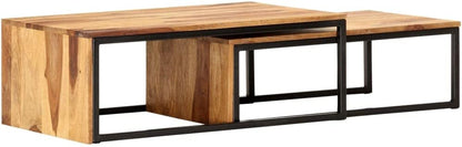 Nesting Tables 2 pcs Solid Acacia Wood | Powder Coated Steel Frame, Stackable Design, Easy Assembly, Vintage Style for Living Room