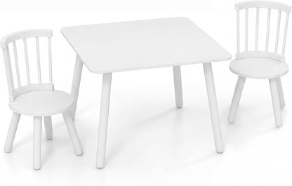 GLACER Kids Table and Chairs, 3-Piece Wooden Activity Table and Chair Set with Pine Legs & Windsor Back for Play, Reading & Learning, Playroom Nursery Furniture for Boys and Girls Ages 3+ (White)