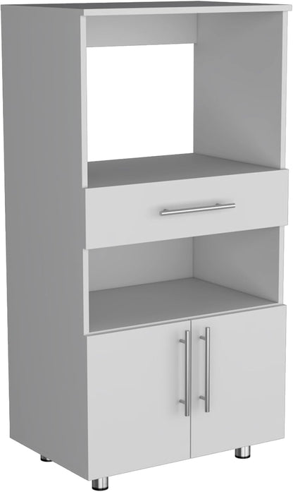 Kitchen Pantry 48" H, Two Open Storage Shelves, One for Microwave, Two Doors, Four Legs, White