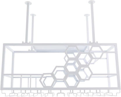 Ceiling Wine Glass Rack, 39" Hanging Wine Rack with Glass Holder and Shelf, Industrial Hanging Wine Bottle Holder, Iron Wine Shelf for Bar Cafe Kitchen - White