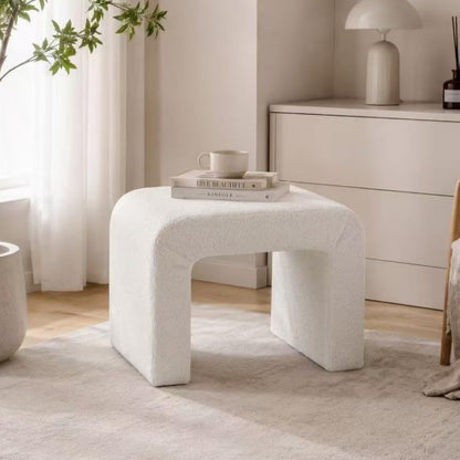 Modern Boucle Ottoman Footstool, 24" Arched Upholstered Vanity Stools for Makeup Room, Small Foot Rest for Entryway, Living Room, Bedroom (Fully Assembled)，White