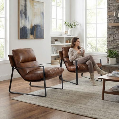 LukeAlon Modern PU Leather Accent Armchair, Black | Pu Leather Upholstered Living Room Chair With Metal Base & Thickened Cushion, Comfy Single Lounge Sofa for Bedroom, Office