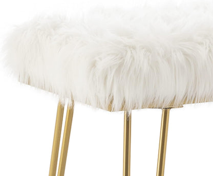 White Faux Fur Ottoman Bench Upholstered Furry Entryway Bedroom Bench with Gold Metal Legs, Modern Contemporary Long Bench Ottoman Hair Foot Rest Stool for Entryway, Living Room, Bedroom