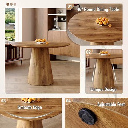 45" Round Dining Table, Round Pedestal Dining Table for 4 | One-Piece Round Tabletop, Wood Grain Finish, Stable Pedestal Base, Easy Assembly, for Kitchen Dining Room