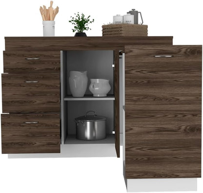 Grecia Kitchen Base Cabinet, 3 Drawers, 2 Shelves - White/Dark Walnut