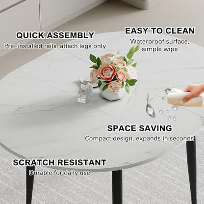 42"-54" Round to Oval Extendable Dining Room Table, White Faux Marble & Wood Grain Top with Black Metal Legs, Modern Round Dining Table for 4–6, Space-Saving Kitchen Table, Easy Assembly