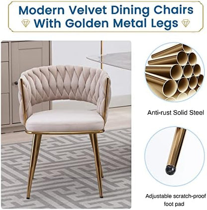 KCC Velvet Dining Chairs Set of 2,Woven Chairs with Metal Legs,Green | Modern Dining Chair with Metal Legs, Upholstered Dining Chairs for Dining Room, Kitchen, Vanity, Living Room