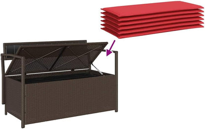 Brown Poly Rattan Patio Storage Bench with Cushion, Outdoor Seat with Waterproof Storage Bag and Gas Spring Lid