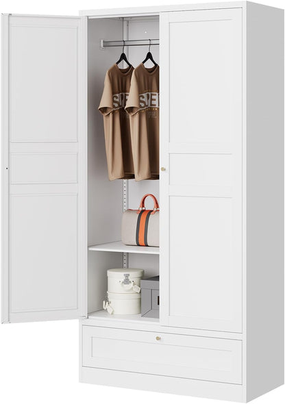 Letaya Wardrobe Closet,72" H Clothing Metal Storage Cabinet with Storage Drawer Adjustable Shelves and Hanging Rod,Bedroom Armoire Cabinet Clothes Organizer (White)
