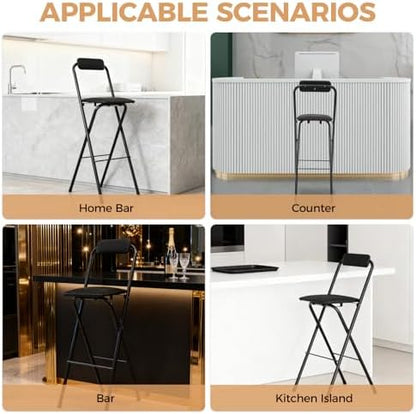Folding Stool, Cushioned Padded Folding Stool Portable Bar Stool with Back for Camping Kitchen Home Office, Tall Bar Collapsible Stools (Black, 1Pcs 29.53in)