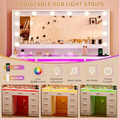 FINOESO Large Vanity Desk with Mirror and Lights, 3-Color LED, Makeup Vanity with Clear Glass Top & RGB Light, Vanity Table with 9 Drawers, Open Shelf, Power Outlet, Vanity for Women Bedroom, White