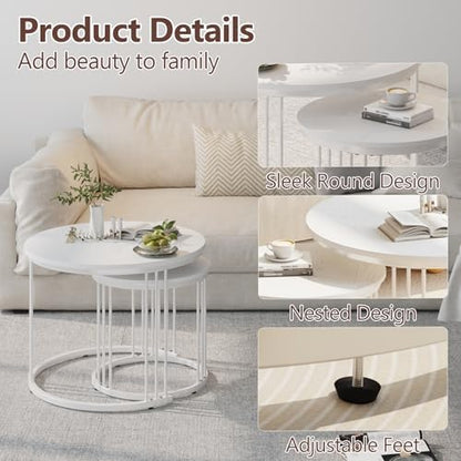 Garden 4 you Nesting Coffee Table, 23.6" Round Coffee Table Set of 2, Wooden Nesting Table with Metal Frame, Ceter Tables for Living Room Bedroom Balcony, White