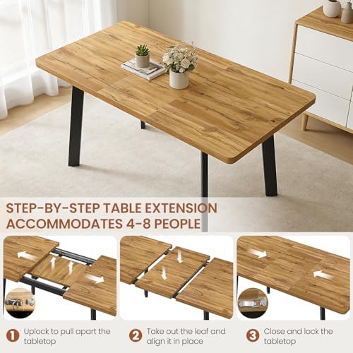 47.2"-63" Expandable Dining Room Table Set for 4-8 People, Walnut | Removable Extension Leaf, Durable MDF Rectangle Top, 6 Brown Sleek Faux Leather Chairs, Heavy Duty Modern Kitchen Table Set