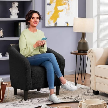Yaheetech Small 25.5in Wide Sherpa Barrel Accent Chair for Bedroom, Black | Compact Cozy Barrel Chairs with a Curved Silhouette, Upholstered Furry Armchair for Small Spaces, Living Room Bedroom Corner