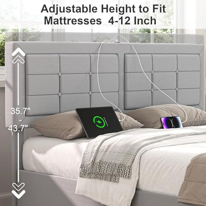 VECELO Full Size Bed Frame with 4 Drawers, Adjustable Tufted Button Headboard, Upholstered Platform with Wood Slats Support, Built-in USB and Type C Ports, Light Gray