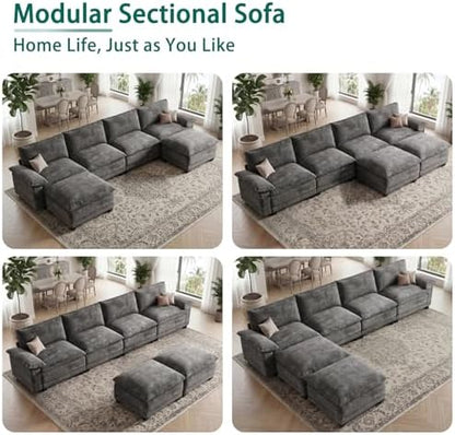 140" Modular Sectional Couch, U Shaped Cloud Sofa for Living Room | Comfortable Foam Cushions, Sturdy Frame, Appealing Appearance, Easy Assembly, Soft Chenille, Modular Design, Dark Gray