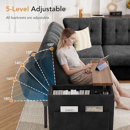 Vipbear 130" Modular Sectional Sleeper Sofa with Pull Out Bed, 9 Seat L Shaped Couch with Ottoman & Chaise/Reclining Backrest/Lift-Top Storage Arms/USB/LED Light/Tool-Free Assembly, Chenille Black