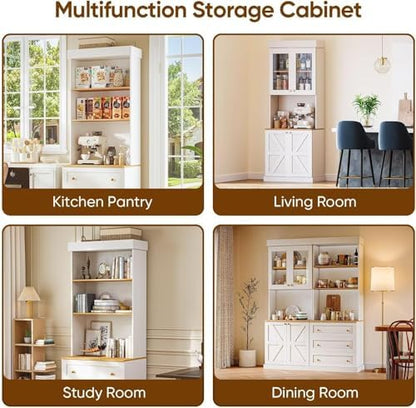 71" Tall Modular Farmhouse Bookcase with Drawers,Expandable Wooden Storage Cabinets for Home Office and Study Room，White