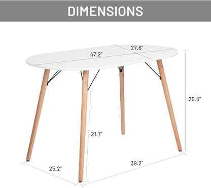 FurnitureR Dining Table Oval 47.2 Inch for 4-6 Person, Stylish Leisure Table Functional Table with Wooden Legs for Home Kitchen, Cafés, Small Places, White
