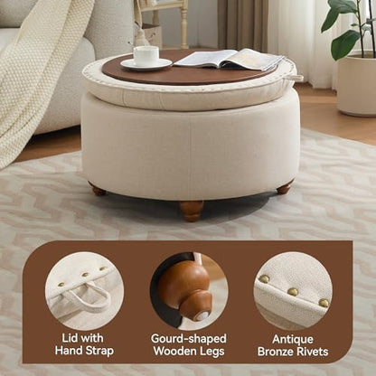 WUTUTUEE 30Inch Round Storage Ottoman with Tray, Modern Tufted Fabric Circle Coffee Table with Storage, Upholstered Ottoman with Removable Top for Living Room, Bedroom, Khaki