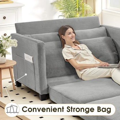 51" Convertible Loveseat Sofa Bed, 2-in-1 Folding Sofa Bed with 2 Pillow for Small Spaces, Modern Loveseat Sleeper Couch for Apartment, Living Room & Guest Room (Light Grey Corduroy, 51 inch)