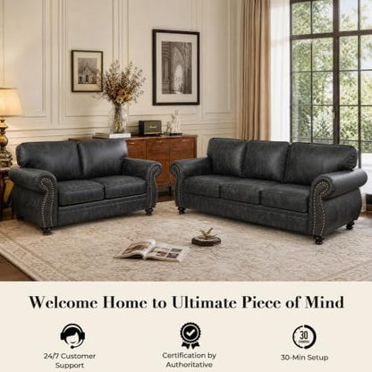 Couchus 88"W Living Room Furniture Sets, 3-Seater&Loveseat, Grey | Faux Leather Fabric Sofa and Couch Sets, Mid-Century Sofa Set with Nailhead Trim