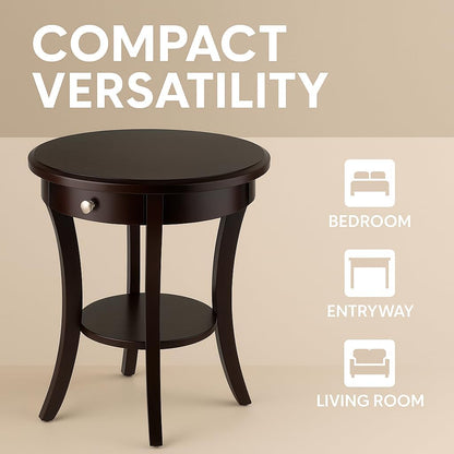 Casafoyer Wood Sasha Accent Table, 20" Round Top, 27" High, Solid Wood with Drawer & Shelf, Elegant Curved Design in Cappuccino Finish, Versatile for Living Room, Bedroom, or Entryway