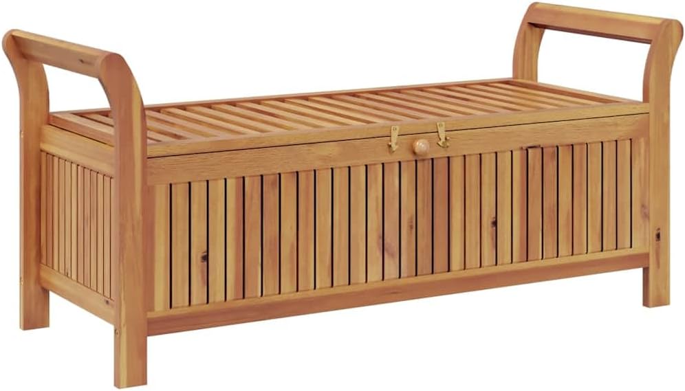 Solid Acacia Wood Garden Storage Bench with Dark Grey Cushion, Outdoor Patio Seat with Under-Seat Storage, Oiled Finish for Weather Protection, Easy Assembly