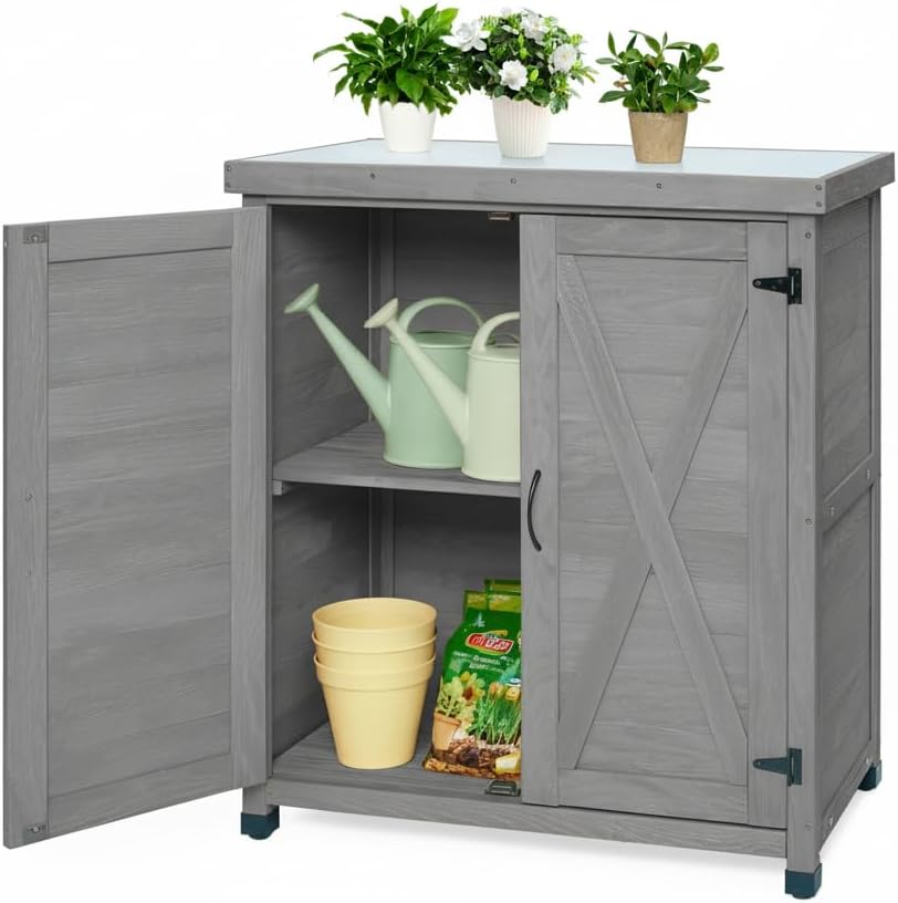 31" Weatherproof Small Storage Cabinet, Storage Cabinets with Water-Based Paint, Tool Cabinet with Magnetic Door for Patio & Garage, Gray