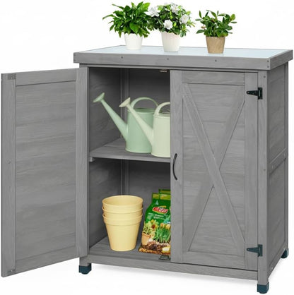 31" Weatherproof Small Storage Cabinet, Storage Cabinets with X-Shape Frame, Tool Cabinet with Magnetic Door for Patio & Garage, Gray