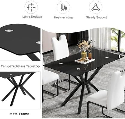 5 Pieces Modern Luxury Glass Dining Set, Minimalist Rectangle Dinner Room Set for 4, 47'' Black Glass Top Kitchen Table Set with Black Tufted Chairs, for Small Apartment Home