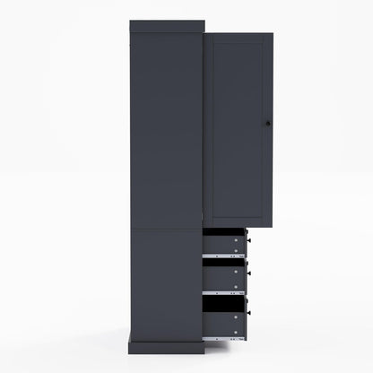 77inch Farmhouse Kitchen Pantry, Freestanding Tall Cupboard Storage Cabinet with 3 Adjustable Shelves, 8 Door Shelves, 3 Drawers for Kitchen, Dining Room, Gray