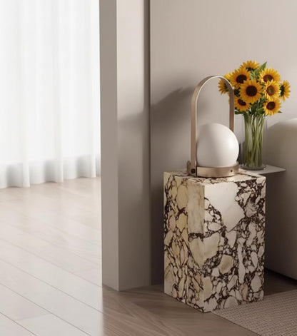 Natural Calacatta Viola Marble Side Table, 11.8" Square End Table for Living Room and Bedroom, Luxury Real Stone Nightstand, Heavy Duty Small Coffee Table, No Assembly Required, 19.6" Height