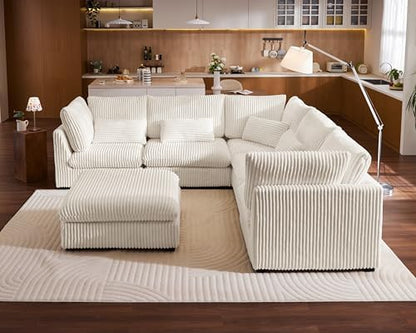 115" Oversize Corduroy Modular Sectional Sofa Couches for Living Room,White | Washable Couch with Fully Removable Cover, Cloud Couch Sectional, 5 Seater with Ottoman, Corner & V-Shaped
