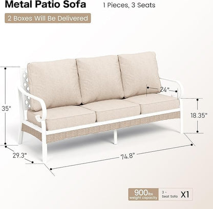 SUNSHINE VALLEY Metal Patio Furniture Sofa with 5.75" Extra Thick Cushion, 3-Seater Deep Seating & High-Back White Frame Outdoor Couch All Weather Outdoor Seating for Deck Gazebo Porch, Beige